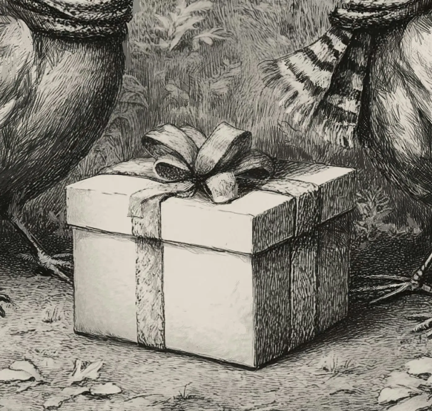 Engraving of two birds in scarves considering a wrapped gift box