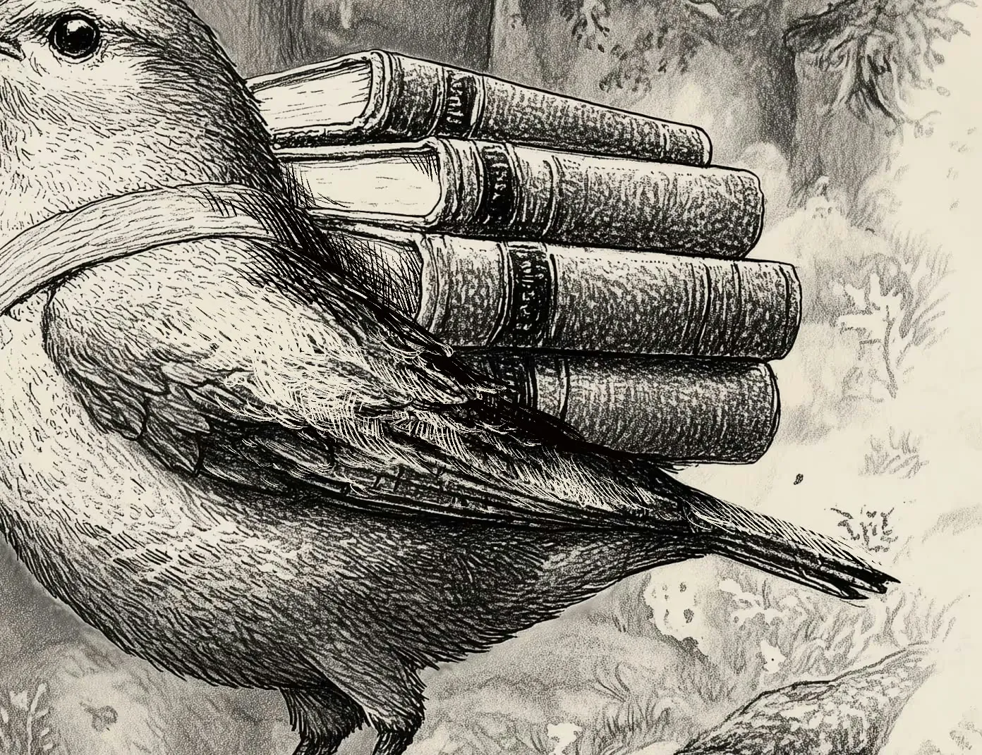 Engraving of a bird carrying a stack of books on its back